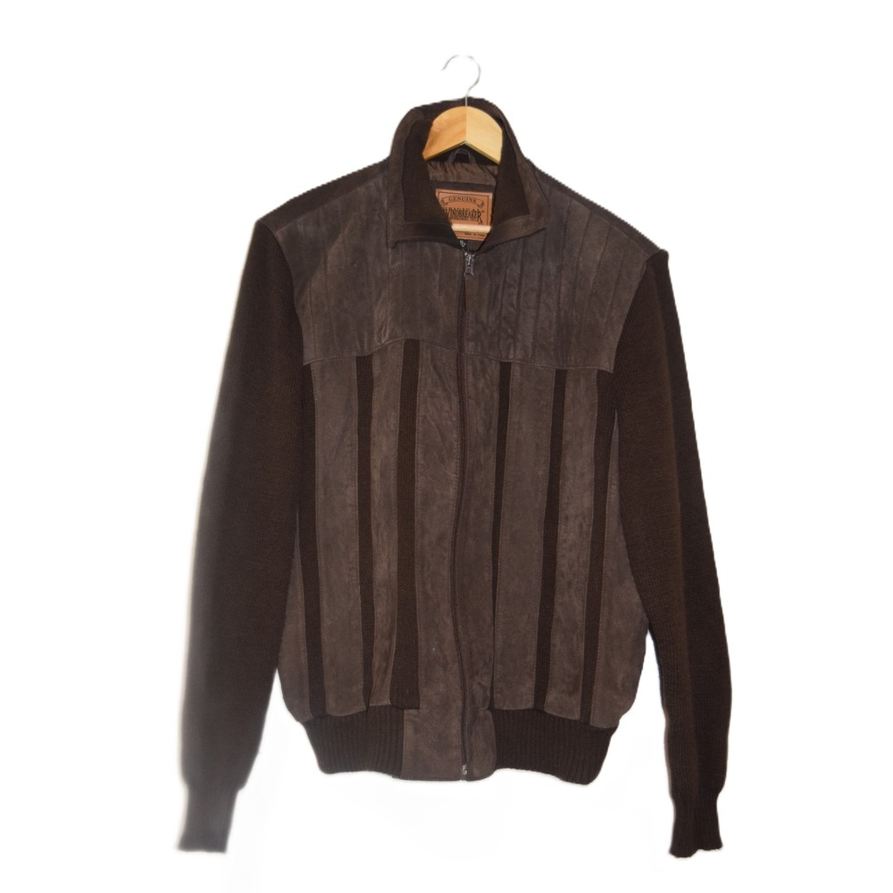 Windbreaker Leather Knit Bomber Jacket Men's Size XL Brown Full Zip